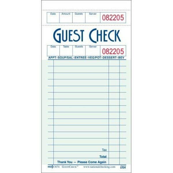 National Checking Co National Checking Single Copy Cardboard Guest Check 3.5 in. x 6.75 in. Green Bulk Pack Medium, 50PK G3674